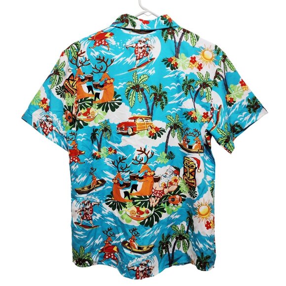 Mens Hawaiian Shirt Santa Reindeer  Short Sleeve Blue Tropical Design Size L - Picture 4 of 8